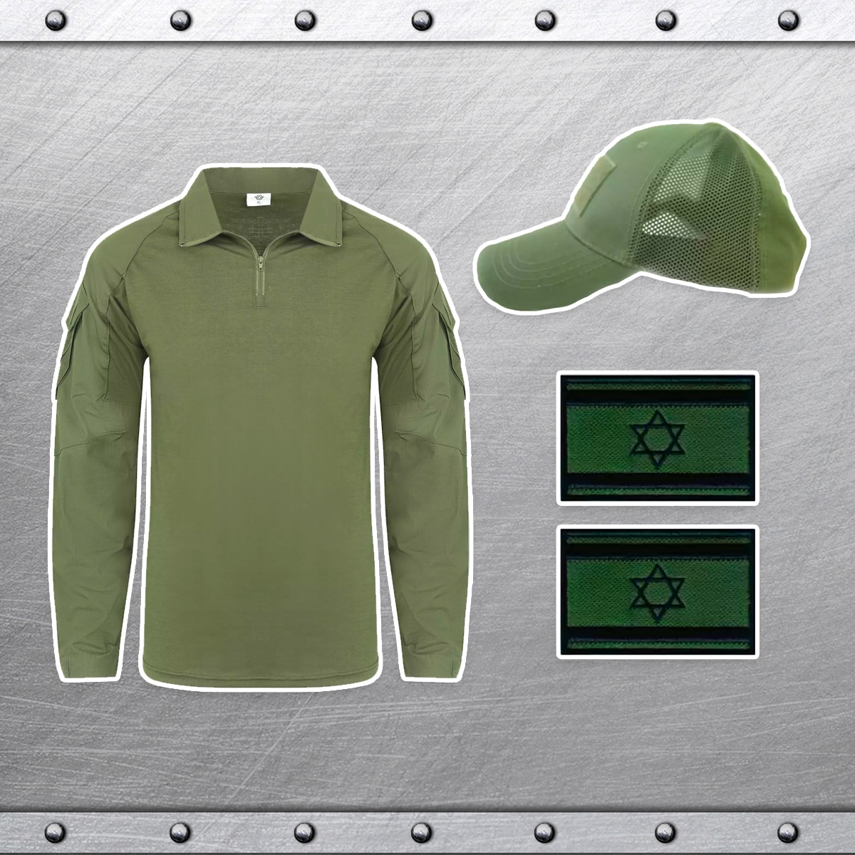 סט טקטי ירוק מלא: חולצה, כובע ו-2 פאצ'ים 2 סט טקטי ירוק מלא: חולצה, כובע ו-2 פאצ'ים סט טקטי ירוק מלא: חולצה, כובע ו-2 פאצ'ים – תמונה 2